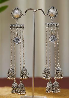 German Silver Plated Beaded Oxidised Floral Jhumkas
