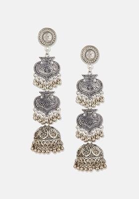 German Silver Plated Beaded Oxidised Classic Jhumkas