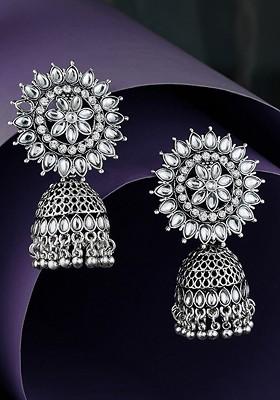 German Silver Silver Plated Kundan Classic Jhumkas