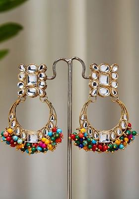 Gold Plated Kundan And Beaded Classic Chandbalis