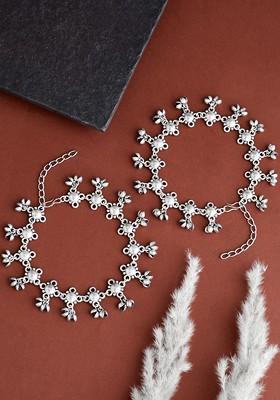 Set of 2 German Silver Plated Ghunghroo Stone Studded And Beaded Anklets