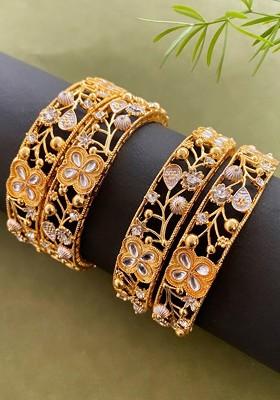 Set Of 4 Gold Plated Kundan Studded Bangles