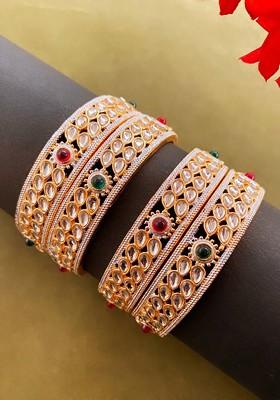 Set Of 4 Gold Plated Kundan stone Studded Bangles