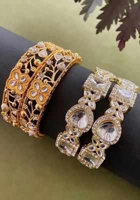 Set of 4 Gold Plated Kundan Stone Studded  Bangles