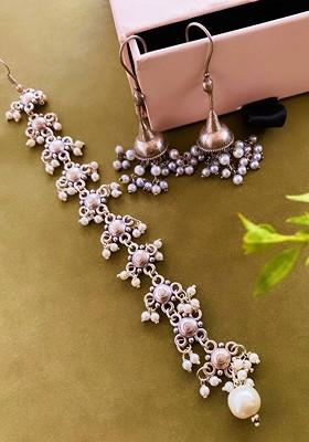 Set Of 2 German Silver Plated Stone Studded Maangtikka And Earrings