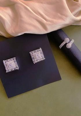 Silver Plated CZ Studded Ring And Earring Set