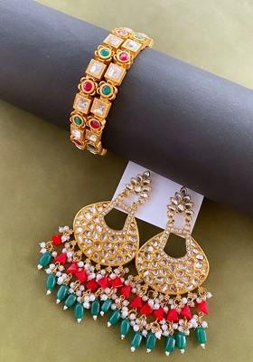 Set Of 3 Gold Plated Kundan Studded Earrings And Bangles