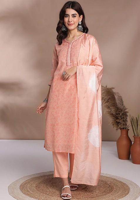 Women Floral Printed Regular Mirror Work Chanderi Silk Kurta With Trousers And With Dupatta