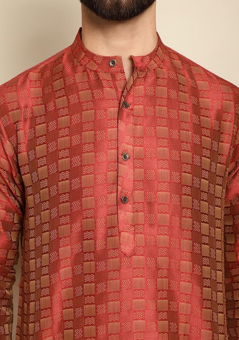 Buy Maroon Geometric Woven Design Band Collar Jaquard Silk