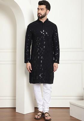 Geometric Embroidered Mandarin Collar Sequin Pure Cotton Kurta With Churidar