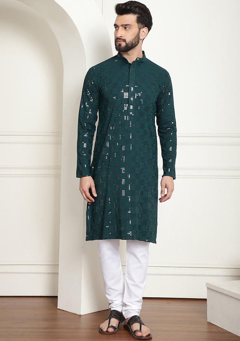 Geometric Embroidered Mandarin Collar Sequin Pure Cotton Kurta With Churidar