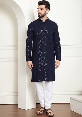 Embroidered Mandarin Collar Long Sleeves Sequin Pure Cotton Kurta With Churidar