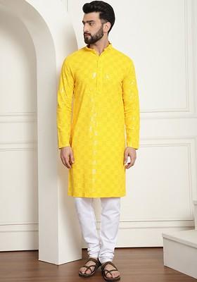 Geometric Embroidered Mandarin Collar Sequin Pure Cotton Kurta With Churidar