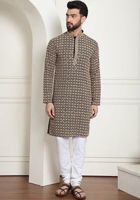Geometric Embroidered Mandarin Collar Long Sleeves Pure Cotton Kurta Set