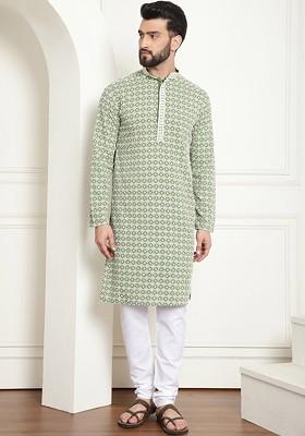 Floral Embroidered Mandarin Collar Long Sleeves Thread Work Pure Cotton Kurta Set