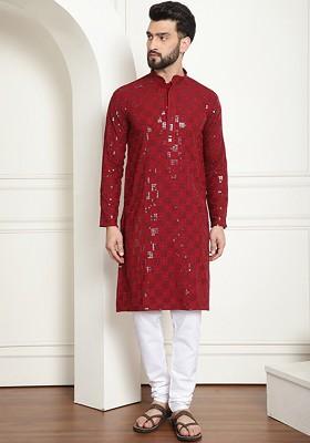 Geometric Embroidered Mandarin Collar Long Sleeves Sequin Pure Cotton Kurta Set