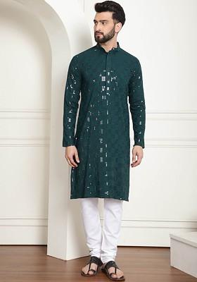 Geometric Embroidered Sequin Mandarin Collar Pure Cotton Kurta With Churidar