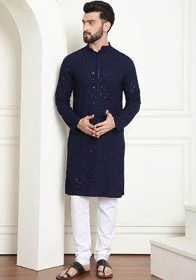 Geometric Embroidered Sequin Mandarin Collar Pure Cotton Kurta With Churidar