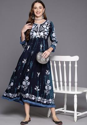 Floral Embroidered Round Neck Maxi A-Line Dress