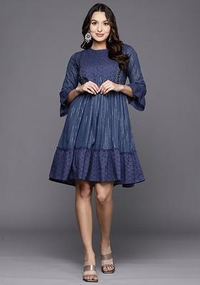 Self Design Striped Round Neck Bell Sleeve Cotton A-Line Dress