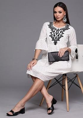 Geometric Embroidered Round Neck Bell Sleeve Ruffled Cotton A-Line Dress