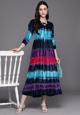 Tie and Dye Printed Round Neck Cotton A-Line Midi Dress