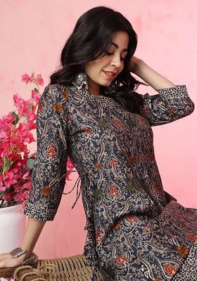 Round Neck Ethnic Printed Empire Chanderi Silk Kurti With Dhoti Pants