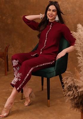 Red Embroidered Tunic With Trousers Co-Ords