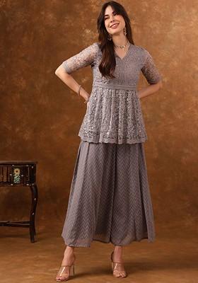 Grey Floral Embroidered Empire A-Line Sequinned Kurti With Palazzos