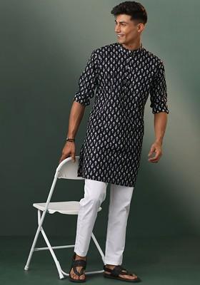 Ethnic Motifs Mandarin Collar Long Sleeves Pure Cotton Kurta Set