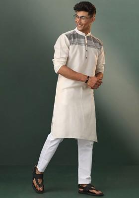 Ethnic Motifs Mandarin Collar Long Sleeves Pure Cotton Kurta Set
