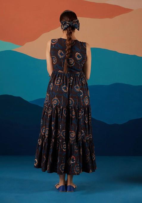 Black - Bagru Block Printed Cotton Tiered Dress 13