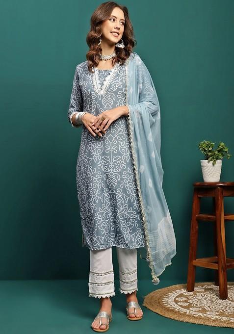 Bandhani Printed And Embroidered Straight Kurta With Trouser And Dupatta Set