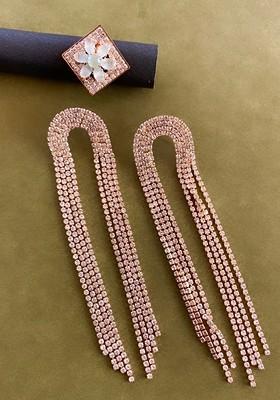Rose Gold Plated Stones Studded Floral Shaped Ring And Earrings Jewellery Set