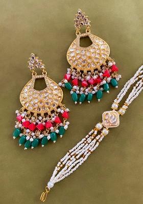 Gold Plated Kundan Stone Studded And Beaded Jewellery Set