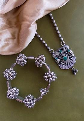 Set Of 2 German Silver Plated Stone Studded Floral Shaped Bracelet And Necklace