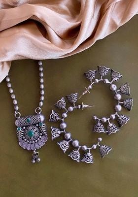 German Silver Plated Stone Studded Floral Shaped Earrings And Necklace