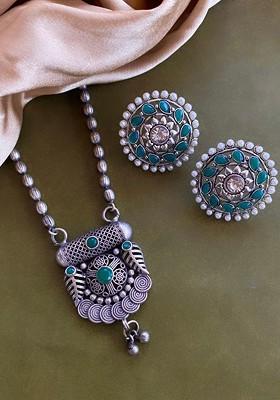 German Silver Plated Stones Studded Beaded Jewellery Set