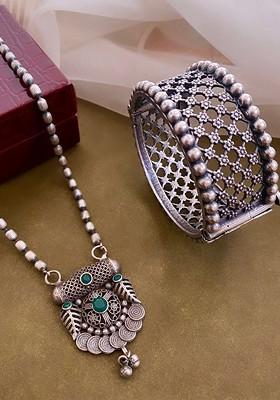 German Silver Plated Stones Studded And Beaded Bangle And Necklace Jewellery Set