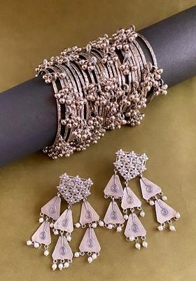 German Silver Plated Stone Studded And Beaded Jewellery Set