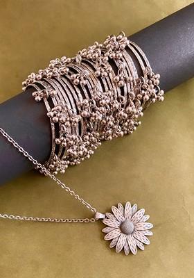 German Silver Plated Stone Studded And Beaded Jewellery Set