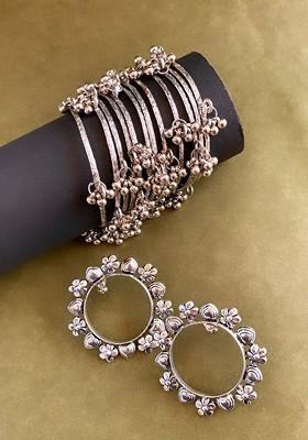 German Silver Plated Stone Studded And Beaded Jewellery Set