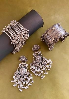 German Silver Plated Stone Studded And Beaded Jewellery Set