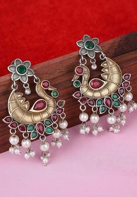 Silver-Plated Stone-Studded And Beaded Contemporary Oxidised Drop Earrings