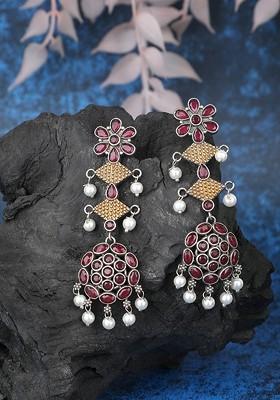 Silver-Plated Stone-Studded And Beaded Contemporary Oxidised Drop Earrings