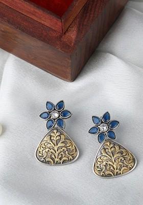 Silver-Toned Silver-Plated Oxidised Contemporary Drop Earrings