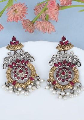 Red German Silver-Plated Beaded And Stone Studded Oxidised Classic Drop Earrings