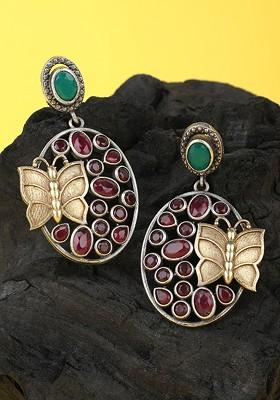 Red German Silver-Plated Stone Studded Oxidised Drop Earrings