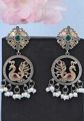 Silver-Toned Silver-Plated Contemporary Oxidised Drop Earrings