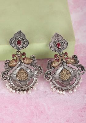 Silver-Toned Silver-Plated Contemporary Oxidised Drop Earrings